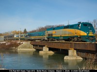 VIA 901 makes much better time today, March 1st, than the last time I saw it on a 25mph equipment move following the end of the blockades.  Train #72 is crossing the river in Belle River, Ontario at a quick 146km/h (90mph) today!!