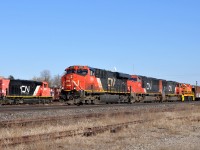 A43531 15 arrives at Brantford with CN 2966, CN 5714, CN 5664, and RLHH 2111. 2111 was en route back to Nanticoke from Goderich
