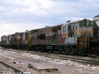 <b><i>A little bit too big, and a little bit before their time:</i></b> Canadian Pacific's last three Fairbanks Morse/Canadian Locomotive Company H24-66 "Train Master" units, 8900, 8904 and 8905, have reached the end of the line and sit tied up at Ogden Shops, awaiting the green light for the scrapper's torch. These ragged, aging 2400-horsepower beasts were the biggest of the big in the mid-50's and part of 21 that CP originally owned. They had last worked hump duties at the nearby Alyth Yard, each paired with a chop-nosed GP9 (and before that, were assigned to Trail BC to work the steep Warfield Hill leading to the Cominco smelter). At this point, all of their sister 6-axle units had been retired and scrapped starting in the mid-60's. <br><br> 8900 is notable as it was the first unit built for CP, jointly by FM in the US and finished at CLC in Kingston (all later units were built by CLC). It was originally outfitted with a single steam generator for dual freight/passenger service. 8904 was the final survivor of 4 units (8901-8904) delivered with two steam generators housed in a full-width short hood for passenger service (all removed and hoods narrowed once the passenger trains they worked in Saskatchewan and Manitoba were discontinued in 1960). And 8905 was the first of the standard production freight units built (8905-8920).<br><br> Into the 1970's, CP still had a healthy fleet of 4-axle FM/CLC units assigned in the west to Nelson and Alyth, including C-Liners and smaller H16-44 units, but rising maintenance costs and a traffic downturn in 1975 spelled the end for CP's FM/CLC fleet, and they were rounded up en masse that year for scrapping. Their opposed-piston engines weren't really the best suited for railroading conditions, but their popularity and reputation in the marine industry gave railroads an easy client to sell the engines out of scrapped units to. <br><br> The trio pictured here managed to survive a bit longer in hump service, until they were rounded up in December 1975 to be stored serviceable (due to their excessive exhaust fumes getting sucked into the yard office ventilation system when they idled nearby). <a href=http://www.railpictures.ca/?attachment_id=38262><b>GP7/9 and B-units</b></a> replaced them on the hump jobs. <br><br> After a few months, all three were noted as tied up unserviceable effective May 10th 1976, and the authorization was given to scrap them not long after. Units 8900 and 8904 were cut up for scrap at Ogden Shops in August of 1976, but 8905 was set aside for historical purposes and later donated to the Canadian Railway Museum (Exporail) in Delson QC. It remains the last intact FM/CLC Train Master in existence. <br><br> <i>Original photographer unknown, Dan Dell'Unto collection slide</i>.