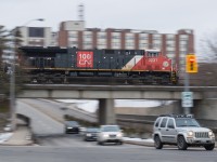 During the month of February rail blockades on the CN Kingston Sub made traffic patterns in Southern Ontario to be pretty sporadic at times.  I learned of CN 3231 leading on CN 396 on a grey February afternoon and not being too motivated to go for a drive I chose to walk outside of my apartment building and set up for a pan shot of the train crossing St Paul Avenue in Brantford.  The amount of new GEVOs on CN is making trains on the line pretty cookie cutter, so mixing it up a little seemed to be a good call.
