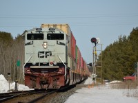 CP 7022 is coasting on the tail end of CP 119 after a defective traction motor blower stopped the unit from loading beyond a certain speed, the sharp looking rebuild would limp off to Winnipeg like this for some attention from the shop, a long ways to go from Signal 673 on the MacTier sub! 