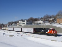 Brand new CN 3263 is the sole power on a 24-car CN 324 which is approaching Turcot Ouest.