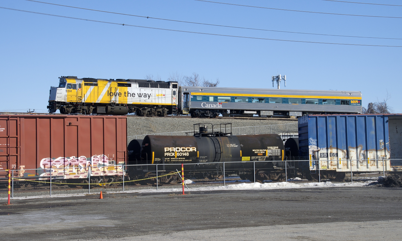 A VIA equipment move is arriving at CAD with VIA 6402 and VIA 8100, presumably one or both of these pieces of equipment will be worked on at CAD. It is on the CP Adirondack Sub, but will soon drop down to ground level, where the equipment below is.