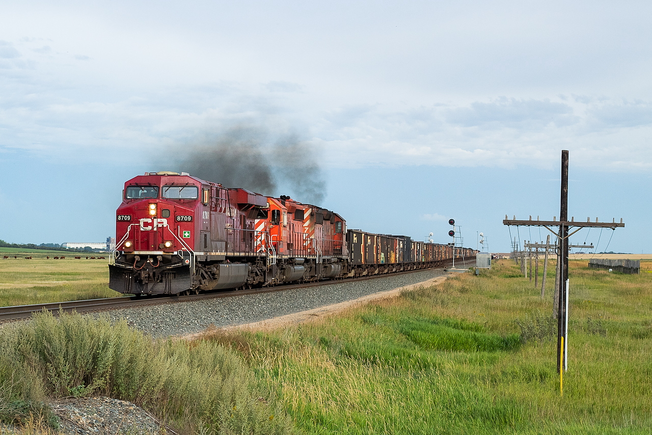 After an eastbound potash train cleared, CP 851 came out of the hole at Boharm with 11,000 feet of ballast empties in tow. With the pair of SDs trailing and my evening being entirely open, I gave chase and booked it through some pretty wet and saturated grid roads (the kind where I worried if I slowed down I'd end up stuck) on the way to the Trans Canada Highway, and headed west and caught up with them in Mortlach, where the sun had reappeared and they were again going in the hole to let four other trains pass. Safe to say 851 was pretty low on the pecking order for RTC.