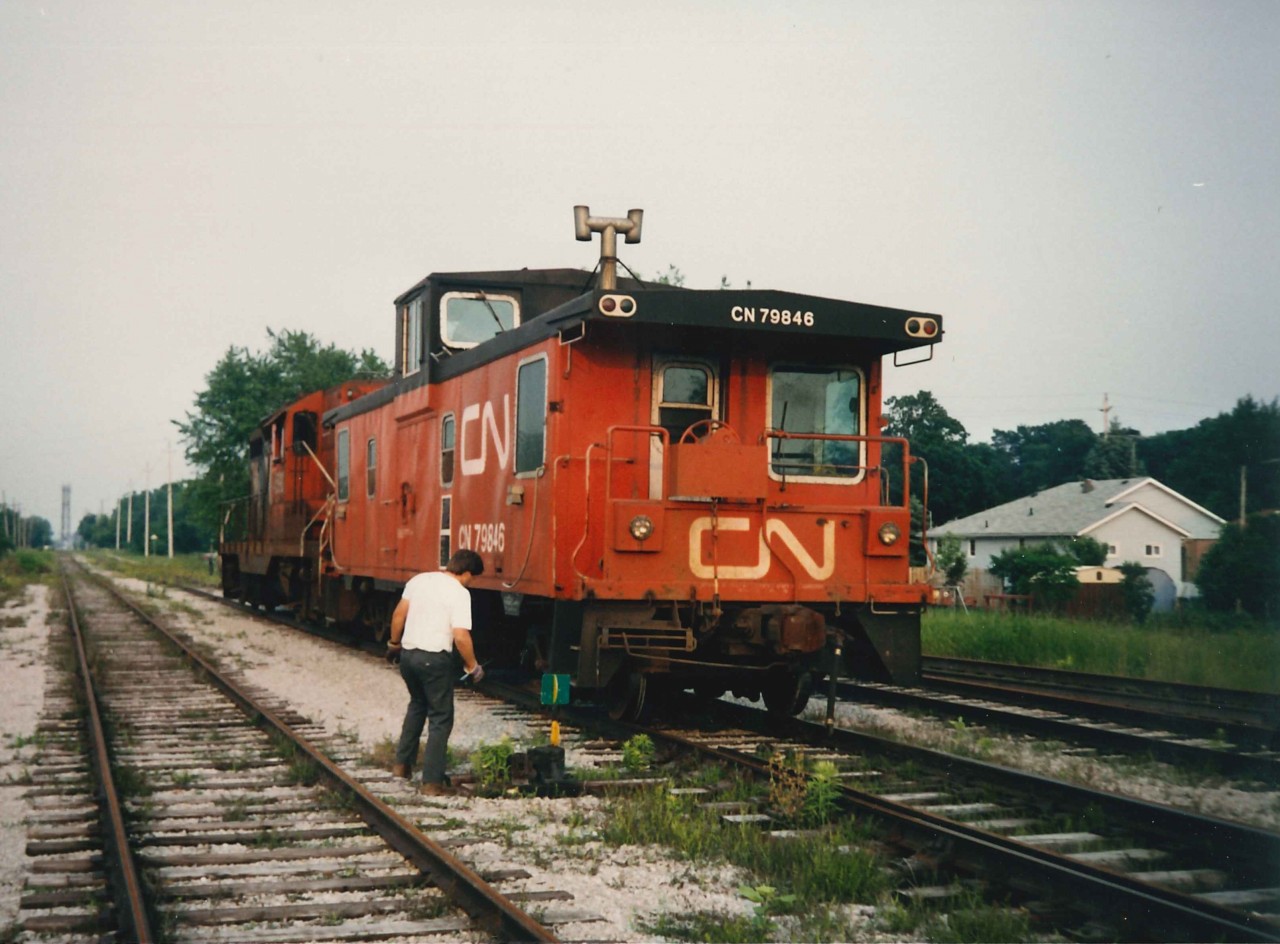 CN Van 79846 with GP9 4590 on the point just dropped a long string of CN flat cars and Sante Fe Coal hoppers in the once bustling Macey Yard.  The Van was built in the CN Pointe St. Charles shops in 1976/77.  A much reduced trackage Macey Yard still exists on the West side of Port Colborne and is generally used by Trillium for Winter storage of covered grain hoppers to supply ADM when the Great Lakes shipping is closed and rail becomes needed for February to March.
