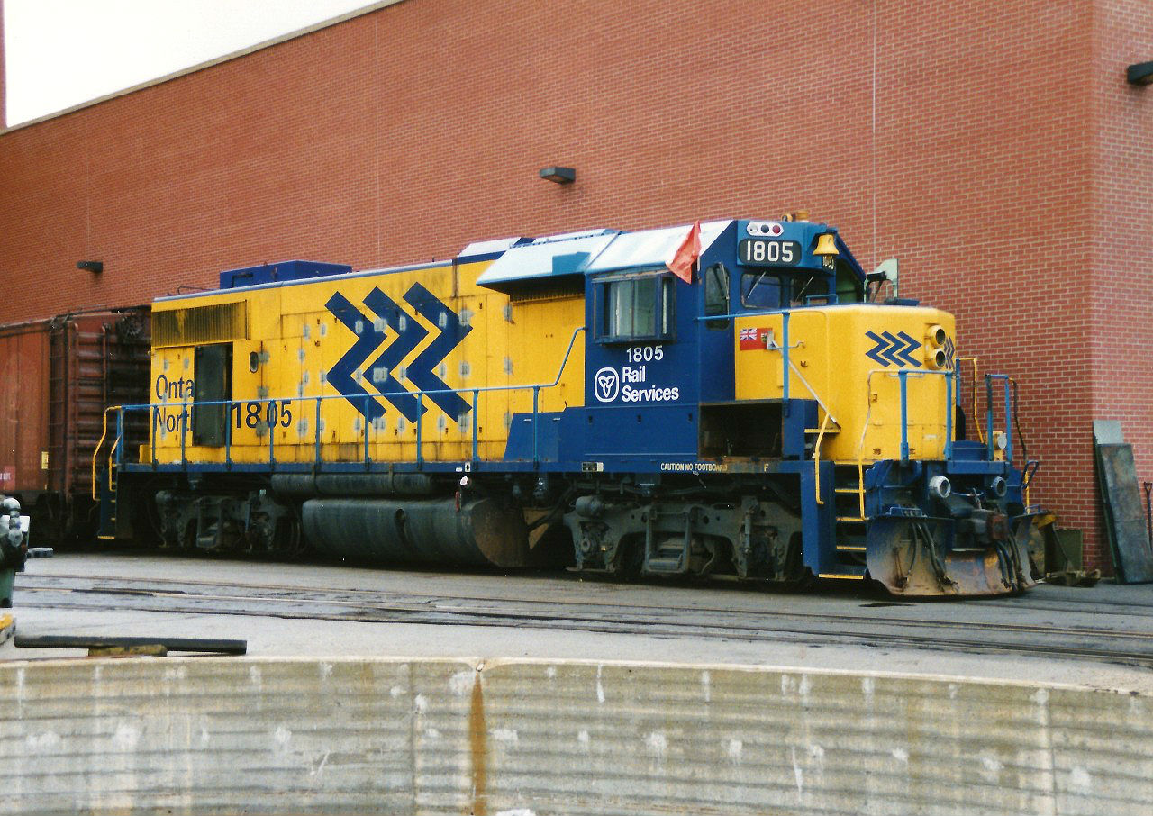 Ontario Northland Railway GP38-2 1805 awaits repairs at ONR's main shop in North Bay. The photo was taken with permission after signing a release form with ONR security at the time.