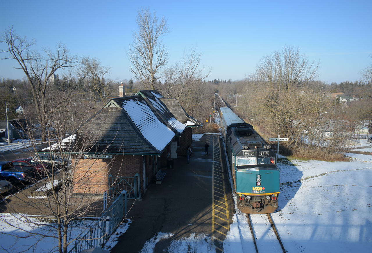 On a sunny December afternoon VIA 85 makes it's regular stop in the small town of St. Mary's ON.