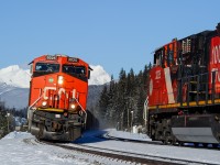 CN ET44AC 3025 leads empty coal train C766 around the super elevated curve at Mile 8 of CN's Albreda Sub. Heading in the opposite direction, much slower, is sister ET44AC 3225 with train M303.