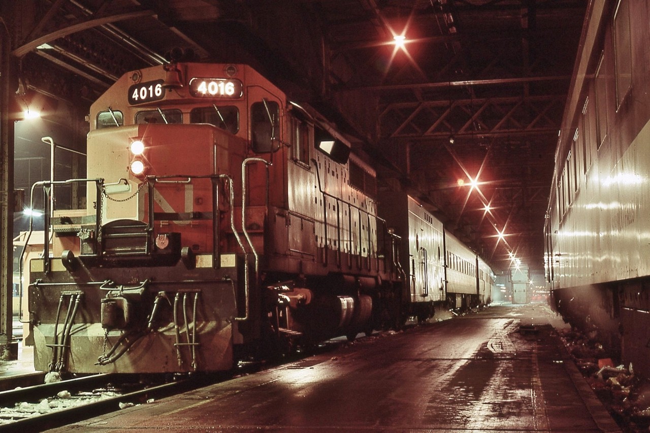 ….a cold and damp evening on the platform....


....train #89 to Sarnia (via Brantford * ) scheduled  departure 20:45  ( too small a train to be #81 scheduled at 19:30 ?)


 CN 4016 ( GP40  ) At Toronto Union Station January 1980 Kodachrome by S.Danko


What's interesting:


 at extreme left, the Turbo on track #1 


and at right likely the tail end of #129 the Northland scheduled at 21:25


 note CN 4016 4017 ( originally 9316 9317 ) class GR-430b ( GMD GP40 ) were 'higher geared' with a lower continuous tractive effort rating compared to CN 9203 – 9310 ( 4002-4011))


… * at this time all Guelph Sub VIA were Budd cars  - imagine 10 Budd trains daily to/from/through Stratford ! 


sdfourty