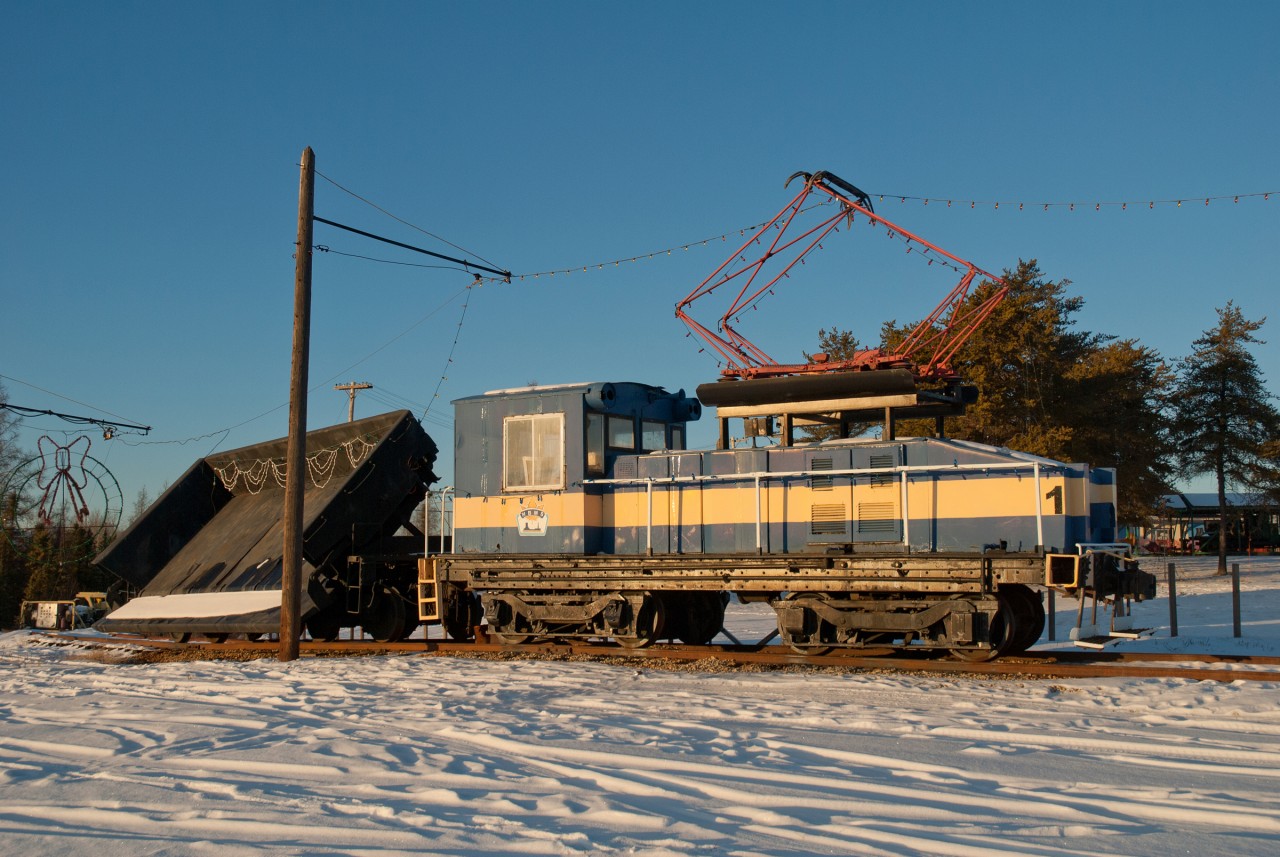 Hudson Bay Mining & Smelting locomotive #1 sits on display at the Flin Flon Station Museum in Flin Flon Manitoba. This GE 50-Ton Electric was originally built in 1901 and was donated to the museum in 2003.