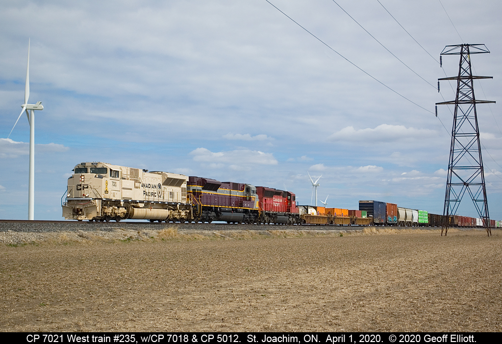 April Fools!!!  Well, if this was someone's April Fools joke for us, all I can say is "Thank You"!!  CP Train #235 approaches St. Joachim, Ontario on the CP Windsor Subdivision today with CP 7021, in it's Arid Climates camouflage scheme, leading CP 7018, in it's CP Heritage 'block letter' scheme, and a regular CP SD30Eco, #5012 trailing.  Nothing like a sweet lashup to go after to get some fresh air and break up the self isolation currently underway, while still maintaining Social Distancing.  Take care everyone.......  #SocialDistancing.