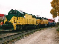 Goderich-Exeter Railway train 431 has just completed it's set-off at the Kitchener yard and is returning to it's cars left on the mainline for the rest of the trip west to Stratford. The consist included; RLK 4096, LLPX 2210 and GEXR 4046. GP40 4046 was having a bit of an identity crisis as it's old VSRR lettering and numbers were starting to re-appear. VSRR were the reporting marks of the Virginia Southern Railroad and was home to 4046 prior to being transferred in late 1998 to GEXR. 