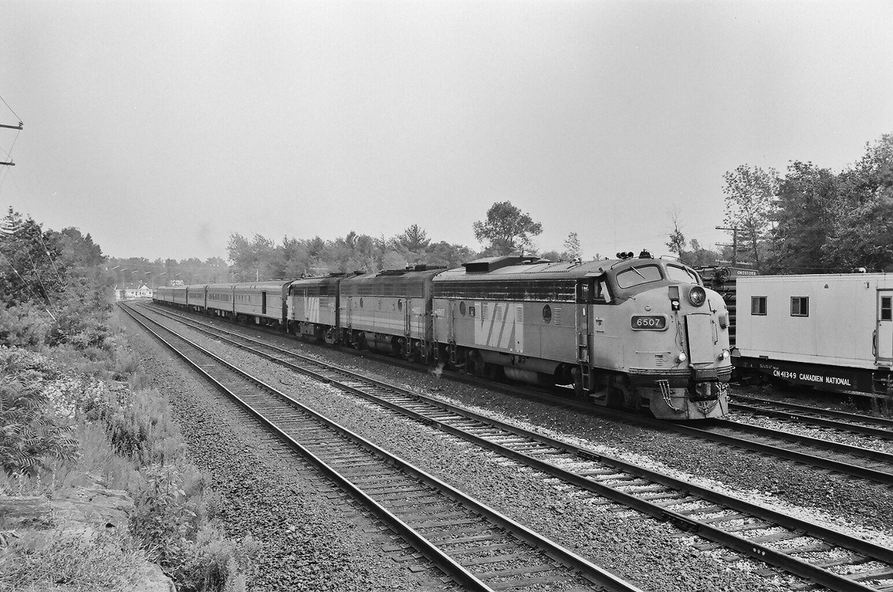 ….dreaming of summers' past.....


...when F units were as common as.....your Mom's minivan..


...and Nikkormat's transported Kodak Plus X..


...and FPA-4's were uncommon on the transcontinental trains.....


  FP9A  /  F9B  /  FPA-4  


  6507  / 6627 / 6761   


  6507 to KCS #4 then to display Kansas City #34  / 6627 retired by 1990 /  6761 retired by 1989…


 ...the twelve car daily VIA Rail #9 is fresh off the CN Newmarket Subdivision ( Newmarket – Barrie – Orillia ) onto the CN Bala Subdivision …


..next operational stop CN Boyne to cross over to CP Rail at  Reynolds and onto CP Rail Parry Sound...


 ….at quadruple track CN Washago ( that is the Newmarket double track in the foreground), Kodak Plus X negative exposed August 5, 1985 by S.Danko


  CN Boyne   


  switch key exchange   


  Orillia   


sdfourty