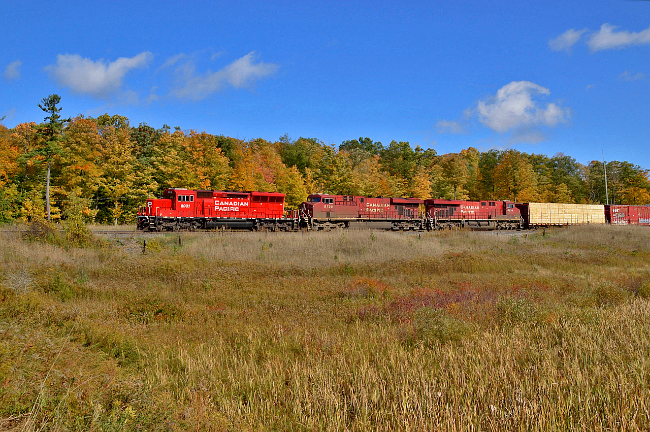 Amidst colourful fall foliage 235 makes it's tail end lift of multis at the west end of Wolverton before taking off westbound for London.