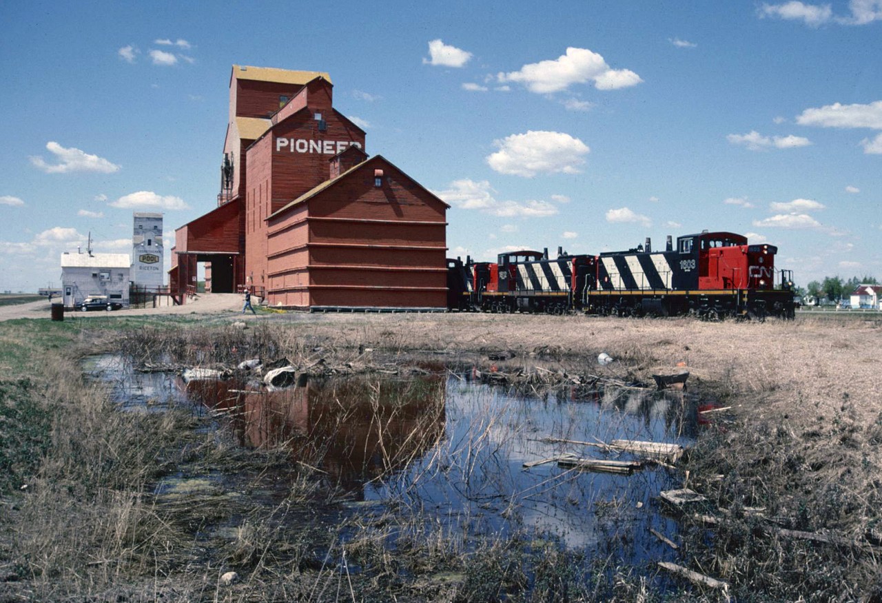 GMD1 1603 and two sisters are working the elevator at Riceton Saskatchewan on a beautiful spring day.
The train is working its way south on the Lewvan Sub running  south-east from Regina.  Sadly on this same day, the elevator at the Subdivisions namesake town will succumb to the wrecking ball. A few years later, the elevators, the rails and a load of prairie history will all have vanished.