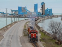 The sun didn’t feel like lighting this sweet area up for the shot but at least the shot was taken. GEXR 581 led by RLK 4095 an ex CN GP40 and piloted by an awesome crew notches the units up for the climb out of the Port of Goderich to the station up in town. They paused at the station (GEXR shop) for a quick break before running back to Stratford lifting cars at Seaforth Elevator on the way. The 16-cylinder turbocharged engine under 4095’s hood never disappoints in the high notches, at least for sound. 