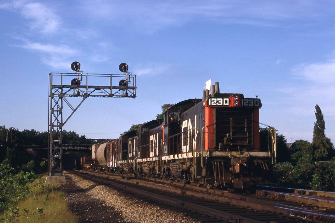 A gaggle of SW1200RSs cross over to the North Track at Bayview Junction, Ontario on, Tuesday evening, July 30, 1968.  

Bayview Junction, Mileage 36.9 of the Toronto - Hamilton Oakville Sub marked the beginning of 78.9 miles of the Dundas Sub that ended in London.   At the time, both of these subdivisions were double track, and ABS controlled.  The units were likely to struggle over the next 9.6 miles to Copetown as they ascend the Niagara Escarpment.  In steam days, this grade warranted a helper for the westbound climb.  

The SW1200RS was a model designation offered to GMDL by my late friend and CN employee, Peter Cox, at the time he was researching his book, "Diesels from London" in the early 1960s.  It was never officially applied by GM.  As distinct from the SW1200 switcher, the immediately recognizable feature was the front protruding headlight/number board unit.   GMDL included in the road switcher package Flexicoil trucks, 65 mph gearing, mu capability and larger fuel capacity.  The builder installed CN's proprietary centrifugal spark arrestors on the last sixty built beginning in July 1959, and the railway retrofitted the others.  CN bought 192 examples and used them from coast to coast in Canada.  1327 even served as a switcher in Port aux Basques, Newfoundland.   

CN 1230, serial A857, was one of 21 units, class GR-12f in the second-order delivered in the spring and summer of 1956.  Interestingly, on Friday, February 22, 1985, CN retired the locomotive, and on Friday, April 10 1987, it emerged from Point St. Charles Shops as Sweep 7302, class GS-413b.  It sported a GP9 hood, main generator, cooling fans, traction motor blowers and, by using 645 series power assemblies, an increase to 1300hp.  CN ended the Sweep Program after completing just eight units showed that the high conversion cost did not achieve the goal.  They had sought a sufficiently robust switcher for contemporary yard service.  The 7102 was retired and sold to Canac on Tuesday, February 29, 2000. In August 2007 it was leased by Savage, successor to Canac, to Cargill in Eddyville, Iowa.   In November 2012 it was leased to PBF Refining, successor to Sunoco, in Toledo, Ohio.