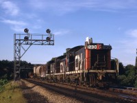 A gaggle of SW1200RSs cross over to the North Track at Bayview Junction, Ontario on, Tuesday evening, July 30, 1968. <br> <br>

Bayview Junction, Mileage 36.9 of the Toronto - Hamilton Oakville Sub marked the beginning of 78.9 miles of the Dundas Sub that ended in London.   At the time, both of these subdivisions were double track, and ABS controlled.  The units were likely to struggle over the next 9.6 miles to Copetown as they ascend the Niagara Escarpment.  In steam days, this grade warranted a helper for the westbound climb. <br> <br>

The SW1200RS was a model designation offered to GMDL by my late friend and CN employee, Peter Cox, at the time he was researching his book, "Diesels from London" in the early 1960s.  It was never officially applied by GM.  As distinct from the SW1200 switcher, the immediately recognizable feature was the front protruding headlight/number board unit.   GMDL included in the road switcher package Flexicoil trucks, 65 mph gearing, mu capability and larger fuel capacity.  The builder installed CN's proprietary centrifugal spark arrestors on the last sixty built beginning in July 1959, and the railway retrofitted the others.  CN bought 192 examples and used them from coast to coast in Canada.  1327 even served as a switcher in Port aux Basques, Newfoundland.<br> <br>  

CN 1230, serial A857, was one of 21 units, class GR-12f in the second-order delivered in the spring and summer of 1956.  Interestingly, on Friday, February 22, 1985, CN retired the locomotive, and on Friday, April 10 1987, it emerged from Point St. Charles Shops as Sweep 7302, class GS-413b.  It sported a GP9 hood, main generator, cooling fans, traction motor blowers and, by using 645 series power assemblies, an increase to 1300hp.  CN ended the Sweep Program after completing just eight units showed that the high conversion cost did not achieve the goal.  They had sought a sufficiently robust switcher for contemporary yard service.  The 7102 was retired and sold to Canac on Tuesday, February 29, 2000. In August 2007 it was leased by Savage, successor to Canac, to Cargill in Eddyville, Iowa.   In November 2012 it was leased to PBF Refining, successor to Sunoco, in Toledo, Ohio.   