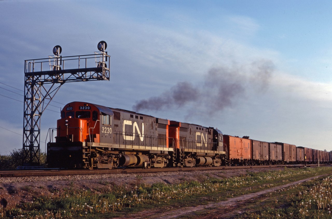 CN C-424s 3230 and 3229 lead a freight through Aldershot on fine spring evening in 1969. Note the block of reefers on the head end, both mechanical and ice cooled!