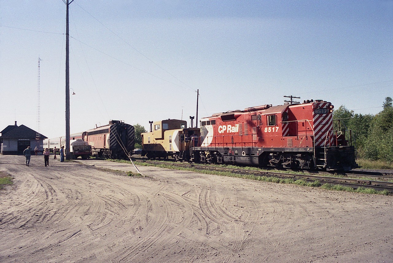 A bit of unexpected activity as the CP Canadian stopped at Ignace on its eastward journey. About 25 miles or so ahead along the Kami sub CP suffered a derailment. The passenger stopped at the station and lead unit CP 8517 with caboose in tow headed down to the site with railroad personnel on board. The other unit on the Canadian, CP 1408, was a rare catch for me as well, for this unit was not around long enough to be part of the new VIA since it was retired in early 1978.
I was heading west, and moved on, not learning any particulars of the derailment or how long the train was held up at the station.