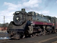 "These 'Twenty Four Hundreds' (actually, 2351-2472) were very capable locomotives built with one piece cast bed and multiple throttle. They were as different as day and night compared to earlier G3's 2300- 2350. They were considered the best steam locomotive on the CPR, true dual service freight or passenger engines with 75 inch diameter drivers. They were the only class painted in either freight black and/or passenger tuscan red. They had a sharp "shotgun" exhaust and rapid acceleration with no tendency to slip unlike the Royal Hudsons which could be slippery starting heavy freight tonnage."
<br>
<br>
Narrative from Trainweb.org/oldtimetrains.
<br>
<br>
Image circa 1959.
<br>
<br>
Original digital scanning by DigMyPic in Arizona.  Additional digital editing and enhancement courtesy of Mr. Raymond Farand.

