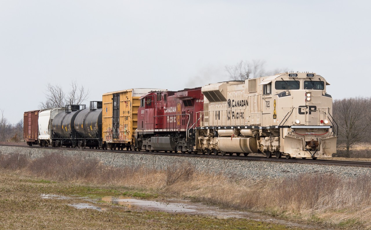 CP 246 blasts through Grassie Ontario with a whopping 5 cars.  In the lead is CP 7021 the Military tribute locomotive that wears the sand colours that Canadian and American militaries apply to their vehicles that are deployed in Arid climates.