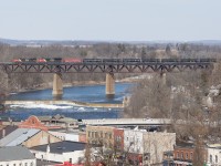 CN 242 a detouring crude oil train crosses high above the Grand River and the town of Paris Ontario on a chilly February day.  During the rail blockade on the Kingston Sub, CN detoured all kinds of trains over their various routes which lead to some unique trains that we don't usually see in this neck of the woods.