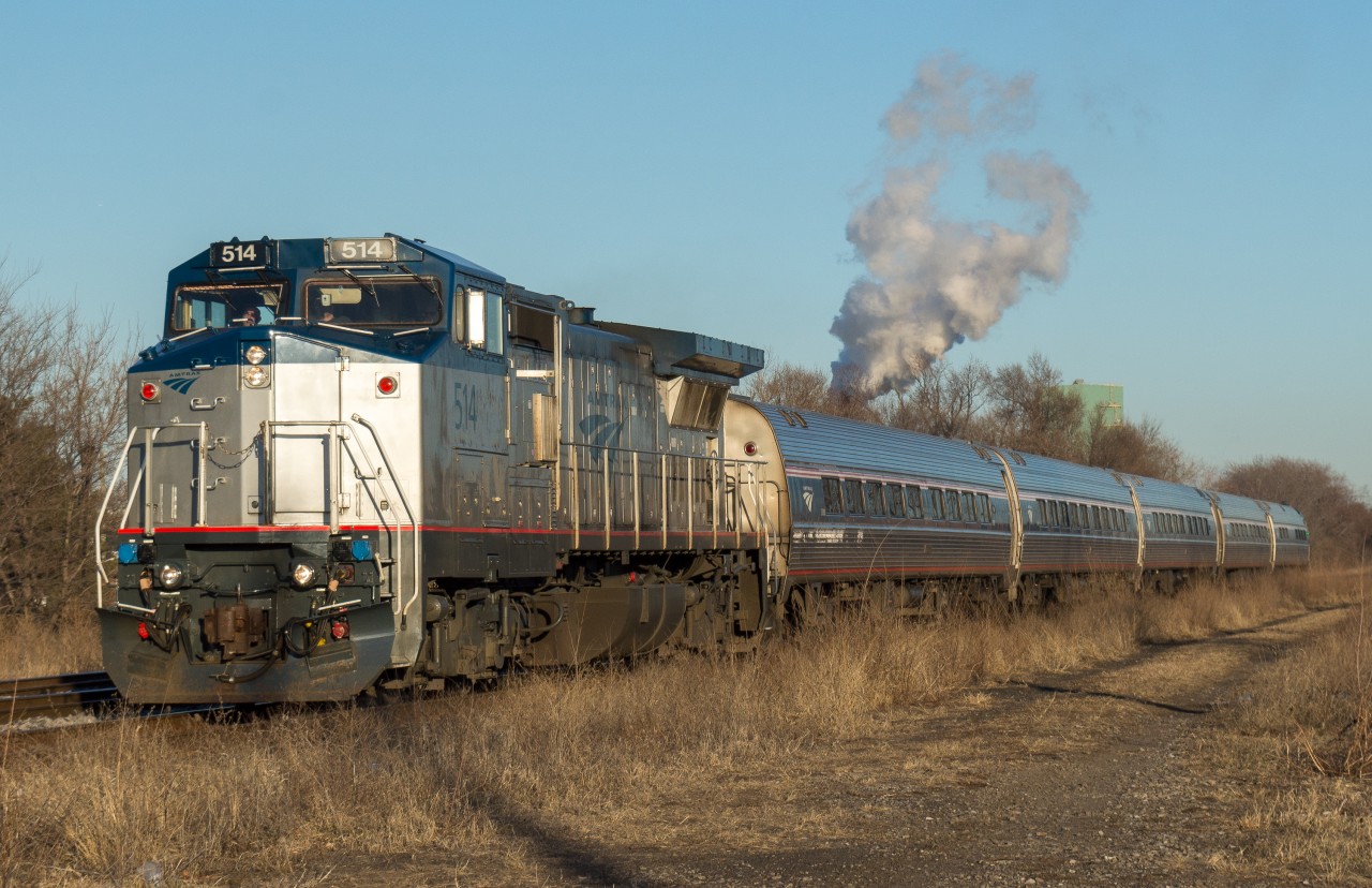 For several weeks in the month of March 2019 the Amtrak Maple Leaf featured the unique B32-8W locomotive.  With the knowledge that 514 was leading 98 on a pleasant March evening, fellow railfan James Gardiner and myself ventured down to Hamilton for our shot.