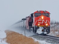 Shiny new CN 3900 kicks up the white stuff between Bruce and Torlea Alberta. 