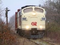 Tillsonburg was once so rich with railroad history, with lines from CNR, CPR and he Canada Southern all running through town.by the end of the 1980's the CPR Port Burwell subdivision was cut back from Port Burwell to Tillsonburg. The CNR Burford subdivision was cut back too, leaving Tillsonburg and being severed at Burford. The late 1990's would claim the east end of the Cayuga subdivision ending it at Delhi and severing it as a through route. The Canada Southern in the mid 1980's would loose its Conrail control and end up being split up between CN and CP, ultimately loosing all through traffic by the 1990's with the loss of the last CSX trackage rights trains at that time. The line was at that time discontinued and CN and CP simply waited for permission to abandon most of the line. In the end OSR purchased what remained of the Port Burwell subdivision and Trillium got the surviving section of the Cayuga subdivision. When Trillium gave up the Cayuga sub. CN took it back and leased it to the OSR but now OSR is getting out of the lease and the future looks grim as CN has no interest in keeping the line, as a lot of bridges need rebuilding along the route. April 23, 2020 was a somber grey day as OSR's two "F" units retraced the route once used by not just CN but Wabach F7's. The previous week a lone centre beam was left at a lumber yard east of Tillsonburg so the power made the very last trip in the driving rain to retrieve it, most likely making history as the last train to operate past the one time advance signal for the long abandoned CPR diamond with the Port Burwell subdivision just ahead.