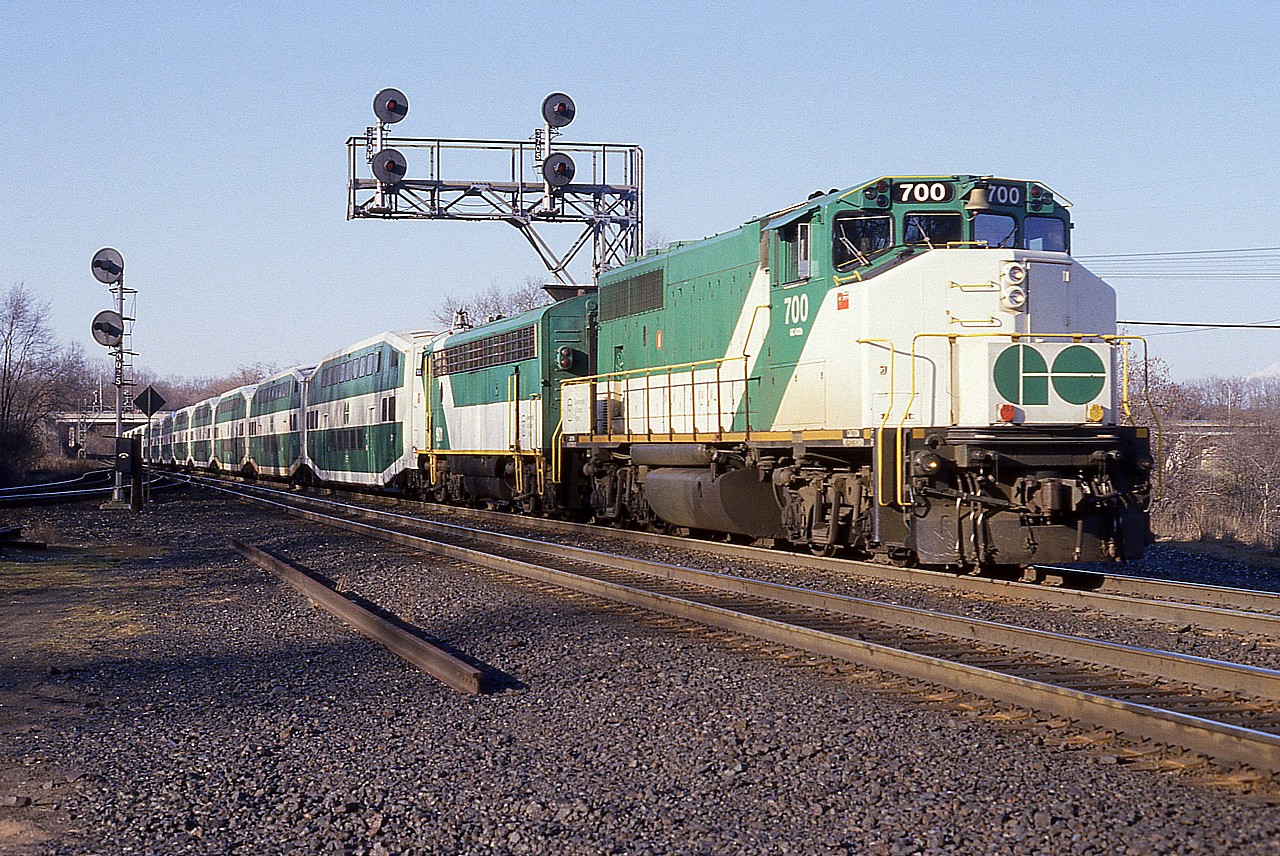 I still find it hard to believe this first of the series GP 40-2(W) #700 has been gone from the GO Transit roster since 1991; amazing (to me) 29 years distant. It became CN 9668, retired in 2002. The APCU unit behind, #901 (former ONR) held on until around 1995. I don't know what became of it. Scrapped?  Anyway, this is a pleasant late afternoon GO run from Toronto to Hamilton and return as so many of us seasoned train nuts remembered it.