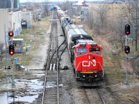 CN A431 with 2163 arrives from MacMillan yard in Toronto to set-off and lift in Kitchener. The train would also lift three units at Kitchener before departing eastward. April 27, 2019.