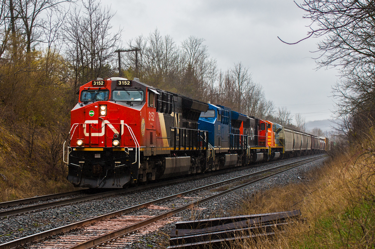 The heads up for these lashups are always appreciated. In this particular case, CN 394 has a colourful lashup of CN 3152, GECX 2037, CN 5797 and QNSL 528. The QNSL is a former Australian BHP unit that got rebuilt by Progress Rail in Tacoma, Washington, and is in transit to get to Quebec's north shores. CN 3152 for whatever reason has the entire conductor side window area painted black, which seems to have been this way for well over a year, if not from when it left the GE plant in Fort Worth. Near the end of the train sandwiched in is CN 2801 as DPU, not seen here of course. No doubt I made the trip down for the QNS&L.

With rain drizzling down, I figured the bridge off of Homestead Avenue just a short distance up the hill from Bayview would be a good location. The tree branches proved to be a challenge, so a little bear crawling to get under the bridge was done. Not to increase my rants about Hamilton parking enforcement, but Homestead Avenue is off limits to parking. The locals here don't seem to care as long as the road isn't blocked, but a reminder should be served that Hamilton's parking enforcement does not mess around in case anyone wants a shot here. Nonetheless, that likely further explains why pictures from this location are uncommon. While this spot does not work well when the sun is out, it seems perfect during a light rainfall. I will be back at some point, though probably on my bicycle.