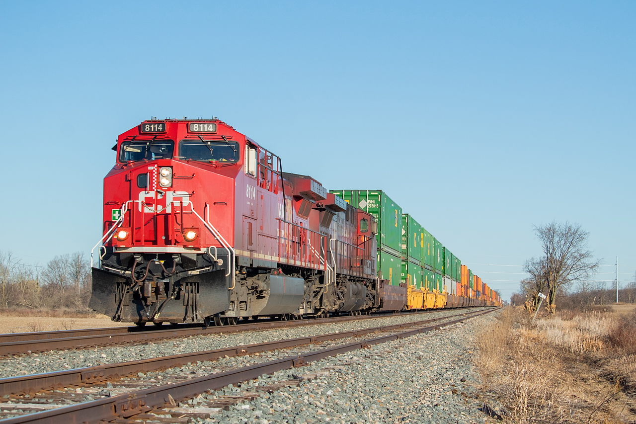 A late 143 with the 8114 South making up time as they do all of track speed on the CP Hamilton Sub, charging through an otherwise quiet Smithville. They would stop in Welland to lift some new well cars built from NSC in Hamilton. The wells were set off the previous day by 254, which ran as a Welland turn out of London (it did not cross over into Buffalo yesterday, instead returning to London).