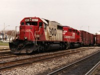 A CP westbound with SOO Line SD40-2 6621 and SD40 6402 are lifting two hot boxcars in the yard at Galt before continuing on their journey to London. Both cars had come from the Butler Metals facility in Cambridge on the CP Hespeler Spur. 