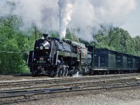 In 1988 CN 6060 found herself at the BCR Steam Shop getting some major work performed.  Once completed, the locomotive first spent some time switching freight cars at the BCR North Vancouver yard.  Here she puts on quite a show as she gets a string of cars moving.  The following day 6060 double-headed to Squamish and back with ex CP 3716, then to top it off, did the same thing the following day with Royal Hudson 2860.
Indeed, it was quite a time.     