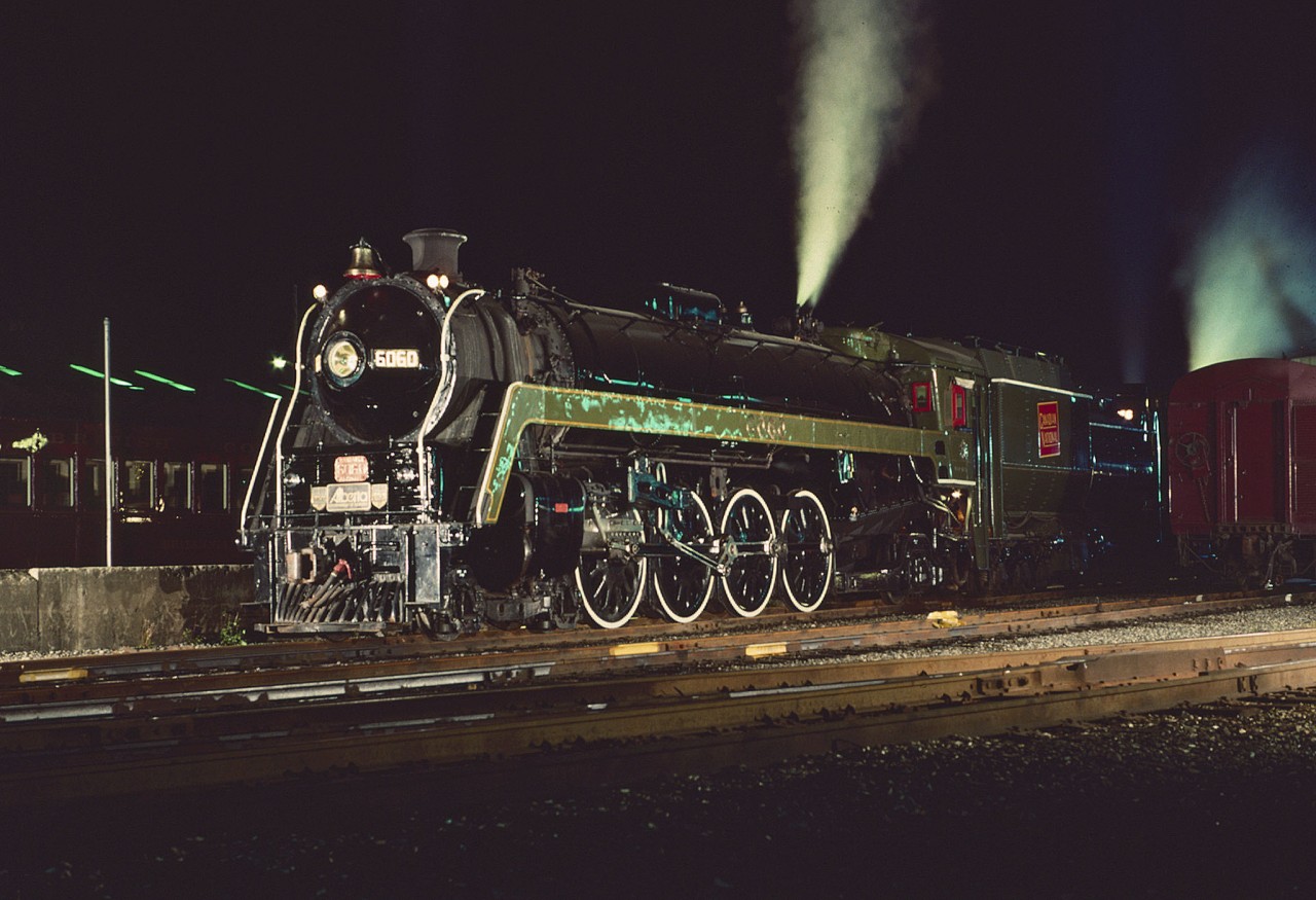 After spending the day being tested hauling freight cars at the adjacent BC Rail yard, CN 6060 pauses under perfect light near the steam shop.  6060 has been having major work performed by the BC Rail steam shop team and will soon be released for further service.