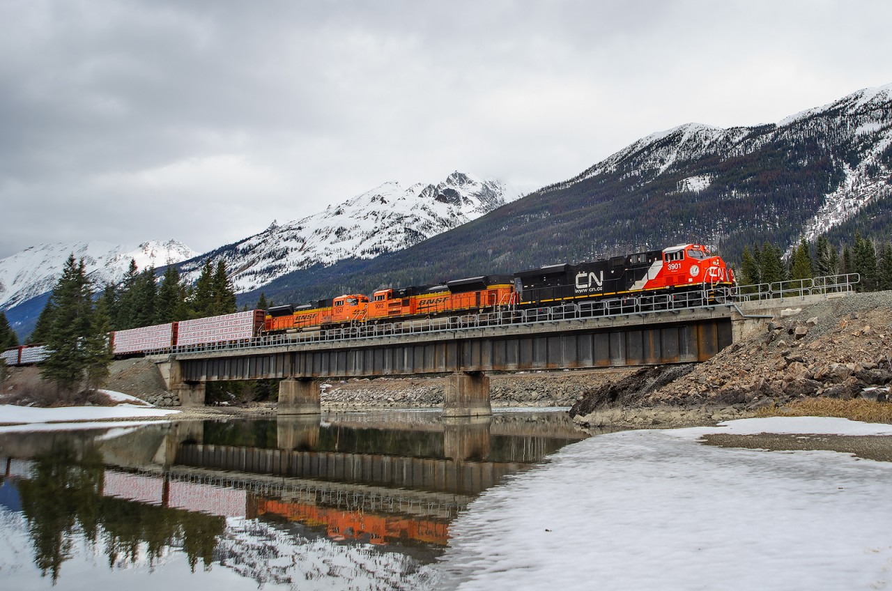 CN ES44AC 3901 leads BNSF SD70ACes 9012 and 9247 across the Fraser River at Redpass, BC with M348's train. BNSF is currently repaying CN horsepower hours with 7 or 8 units between Winnipeg and Vancouver/Prince Rupert at the moment. That's not to say they won't venture elsewhere, but currently that's where they're concentrated. There are also a handful of units working on the former DMIR property.