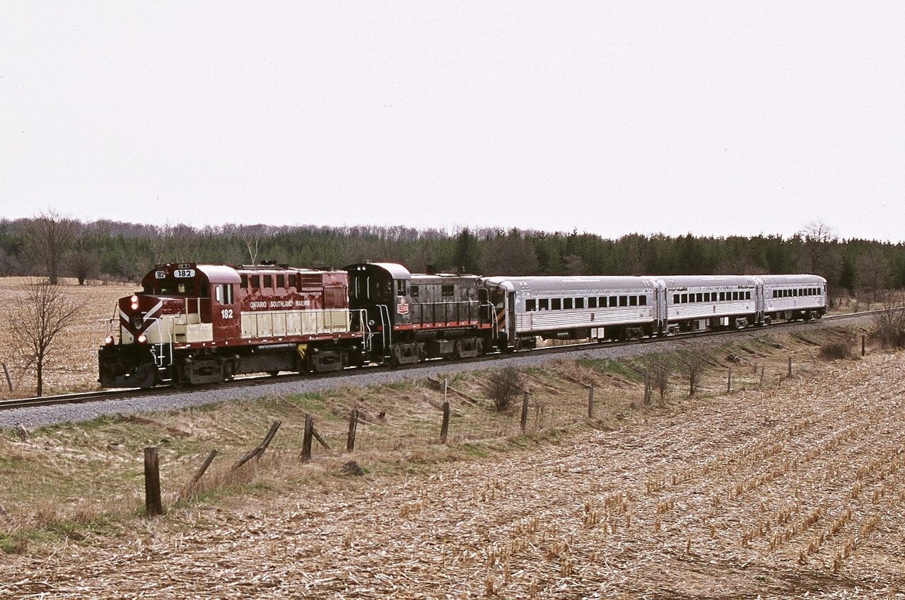 The  GHRA  Rare Mileage Tour of the GJR


 An Ontario Southland train with the Guelph Junction Express equipment


 The northbound equipment move enroute to the River Run Centre ( Sleeman Centre Arena) where patrons wait to board.


 The morning light for northbounds on the Goderich Sub is a real challenge....so true here.


 Approaching Cornwin in the morning light , April 25, 2009 , Kodacolor negative by S.Danko


 what's interesting:


 at that time the Guelph Junction Express was the newest  ( and innovative ) passenger rail service in Canada.