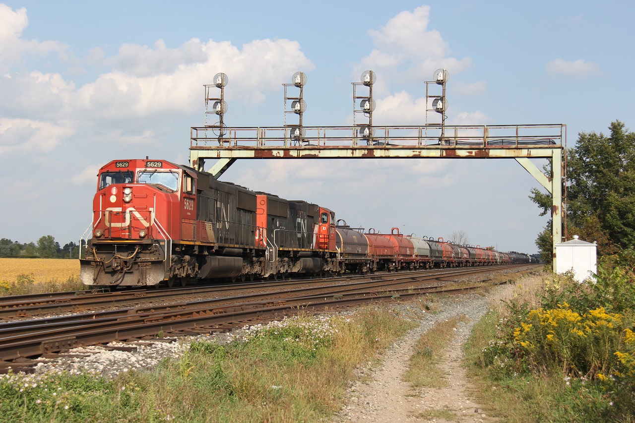 Two SD models (an SD75i No. 5629 and SD70i No. 5603) lead CN 331 or CN 435 at Paris West on a warm September day. Although shots of westbounds here turn out nice, eastbounds are bit trickier to manage due to afternoon backlighting/tight shot. Still, I always enjoy this spot, and trains often switch here adding to excitement.