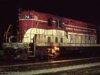  A day trip to the Niagara Region with my late friend Mike McIlwaine on Aug 18th 1980. Our last stop before heading home to Windsor was the CR/THB Welland Yard where we found GP-7 74 just waiting to be lit up by a few flash bulbs. 