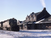  The old boiler in the basement of the depot is working overtime on this frigid January morning as a C&O Puller (Even after the CSX it was still referred as the C&O Puller) is seen returning to Rougemere Yard in Dearborn, Michigan from the CP Yard in Windsor. The old NYC/PC/CR depot is now CN Windsor South and was nicknamed "The Hub" by local railfans that used the station as a meeting place.  