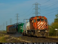 CP 6045 West, train 2-WGA-17, passes MP 98 of the CP Windsor Subdivision in Puce, Ontario on May 20, 2020 as it sprays the weeds along the RoW to keep it nice a clean for any possible post-Covid railfanning in 2020.