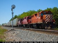 A nice set of 38's will usually get me out to take a look.  But those are usually in pairs...   ;-)   Since I didn't see any of those around I instead ventured out to shoot this trio of CP GP38's on today's T29, or as I referred to it today, the "COVID Turn".  Here the trio is lifting around 90 empty racks that have been stored in Belle River, Ontario since the COVID-19 lockdown began.  Nice to see some of the old power still working hard and making miles.