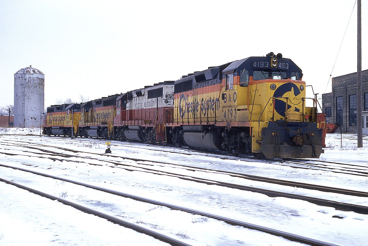 A few locomotives of the Chessie empire sit where the old shop area was in St. Thomas. Power is B&O 4193, WM 3798, B&O 4337 and 4819.  Not many Western Maryland still around in their old paint !!