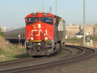 Another solid train of these new hoppers, all empty and returning east to be re-loaded. In the background, to the right, the tracks of the CPR Scotford Sub. can be seen. They interlock at Clover Bar with the CN and their signal to the diamond is just to the right of the pole.