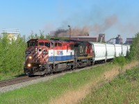 The summer of fun and variety, 2 years ago was truly a great time. The 4614 and 2126 are on the way to Mirror with a mixed bag of freight. Even AltaSteel (the billowing dust behind the units) was a going concern, which by no surprise, in the last few weeks is a very quiet building. If rumors prove true, the red, white and blue will be gone in the near future. I will miss all of the paint schemes that were worn by the PGE and BCR.