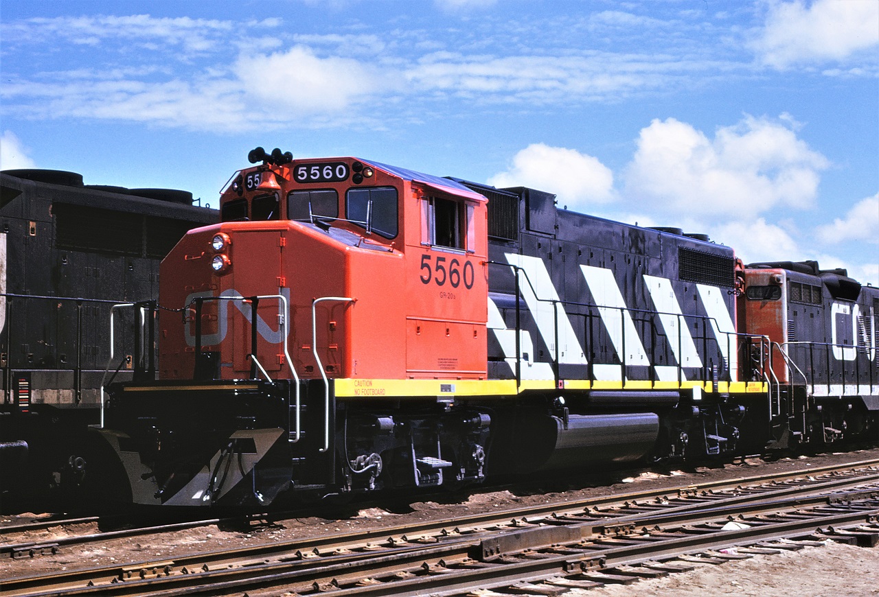 CN's first safety cab unit from General Motors awaits assignment at MacMillan Yard on June 24, 1973.  Note the black, as delivered, cab numbers which were quickly painted white.  I believe this unit was delivered a month or two before MLW delivered their version of the safety cab; March vs May 1973.