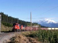 A Canadian National eastbound off the Prince George line is about to enter the Albreda subdivision at Mileage 70.6 Spicer, British Columbia, on September 26, 1997, and continue east towards Jasper. <br> <br> 

Before the construction of new connecting lines in this area, the train would have continued east on the Tete Jaune sub, joining the Montreal - Vancouver line at Red Pass Junction, Mileage 43.7 of the Albreda sub.
New construction eased gradients and allowed movements from west to south.  The new Robson Sub from Taverna, twenty miles west of Red Pass Jct on the Prince George line to Charles, Mileage 71.6 of the Albreda sub effectively created almost 28 miles of bi-directional double-track.  CN also doubled-tracked the Albreda sub for an additional 1.7 miles, almost to the town of Valemount.  <br> <br>

The Grand Trunk Pacific Railway opened the Jasper - Prince George Prince Rupert line in 1914.   The Canadian Northern Railway's line from Edmonton to Vancouver also used the Yellowhead Pass west of Jasper.  This line opened in January 1915.   Their consolidation into the Canadian National Railways led to the early removal of considerable duplicate trackage between Edmonton and Red Pass Junction.  Traffic growth in resource-rich Western Canada led to the installation of lengthened sidings, double track and the new lines near Mount Robson. <br> <br>

GMDD in London, Ontario, delivered 5712 (#956616-87) as one of 105 SD75Is in 1996 in CN class GF-643a.  Repeat orders in 1997 and 1999 brought the total of these units to 175.   They feature a 16 cylinder 710 series diesel rated at 4,300 horsepower.  The "I" in the model designation indicates the optional "Whisper Cab" that isolated the crew from much track and engine-related vibration.  This feature makes them still popular with trains crews.  The SD75Is were the first units purchased by the newly privatized CN.