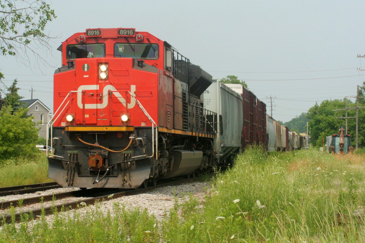 While CN L568 has operated with six-axle units recently and during other instances in 2019 as well as over the winter, the first time it was believed to have happened since CN returned to the Guelph Subdivision was in July 2019. The previous day’s L568 didn’t make it back from Stratford and A431 had set-off 8916 at Kitchener that morning. Here CN 8916 solo brings 40 +cars through Baden to Stratford where it would also lift the previous day's timed-out L568, which included CN 1444.